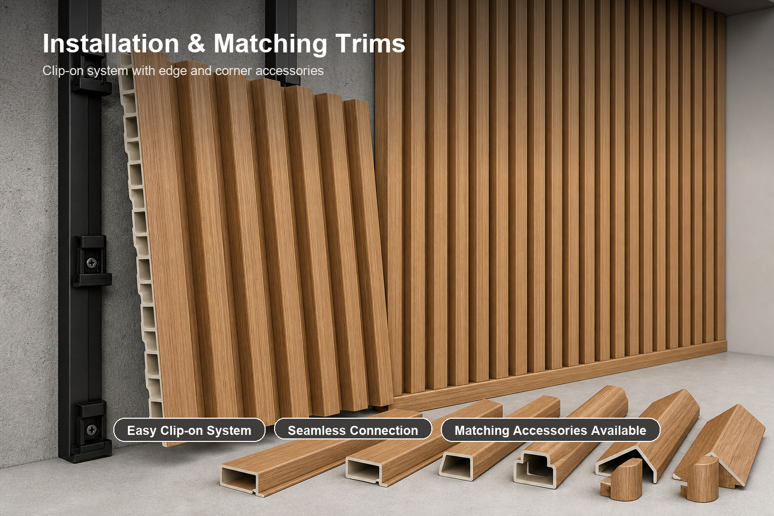 PVC fluted wall panel clip on installation and matching trims